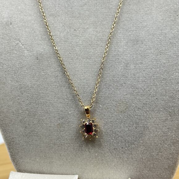 Roman Gold Tone Red Clear Rhinestone Necklace and Earrings Set Dainty Elegant - Picture 5 of 6